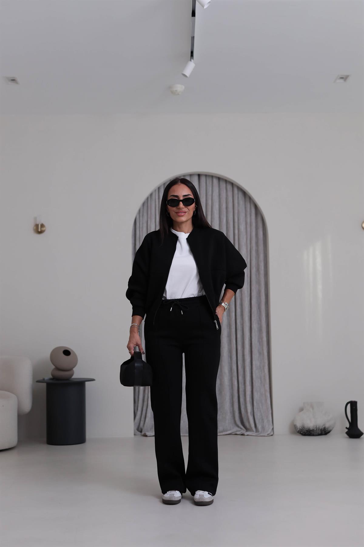 7085 Viral Bomber Ceketli 3 İplik Şardonlu Takım SİYAH