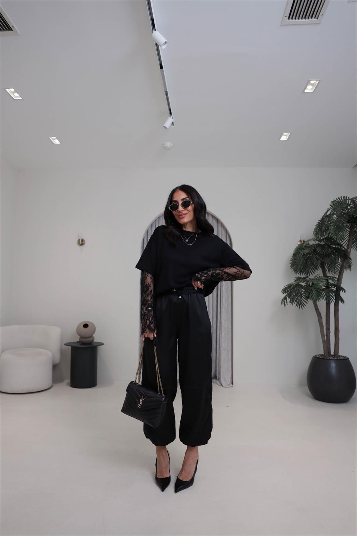 1121 Paça Büzgülü Bel Lastikli Saten Pantolon SİYAH