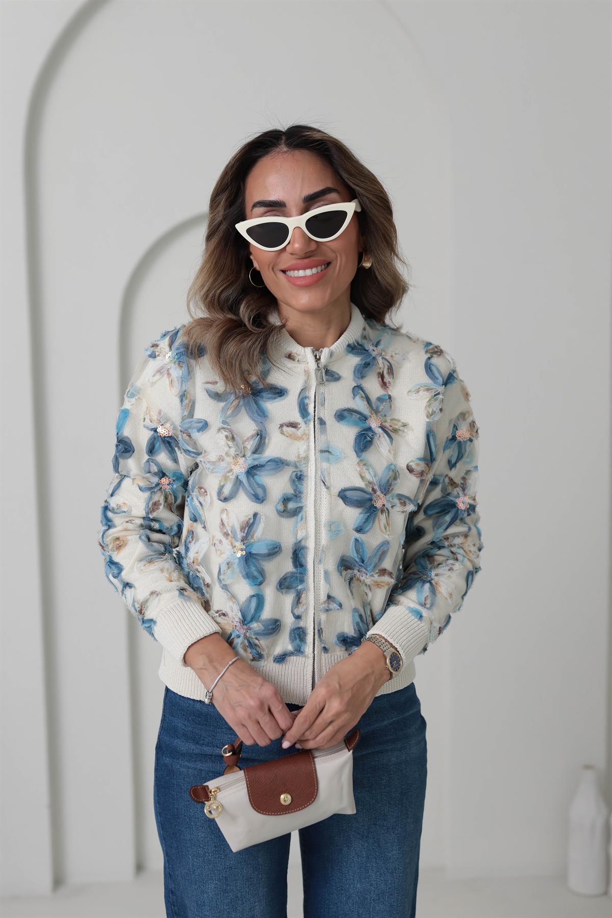 2438 Tasarım Çiçekli Fermuarlı Triko Hırka EKRU