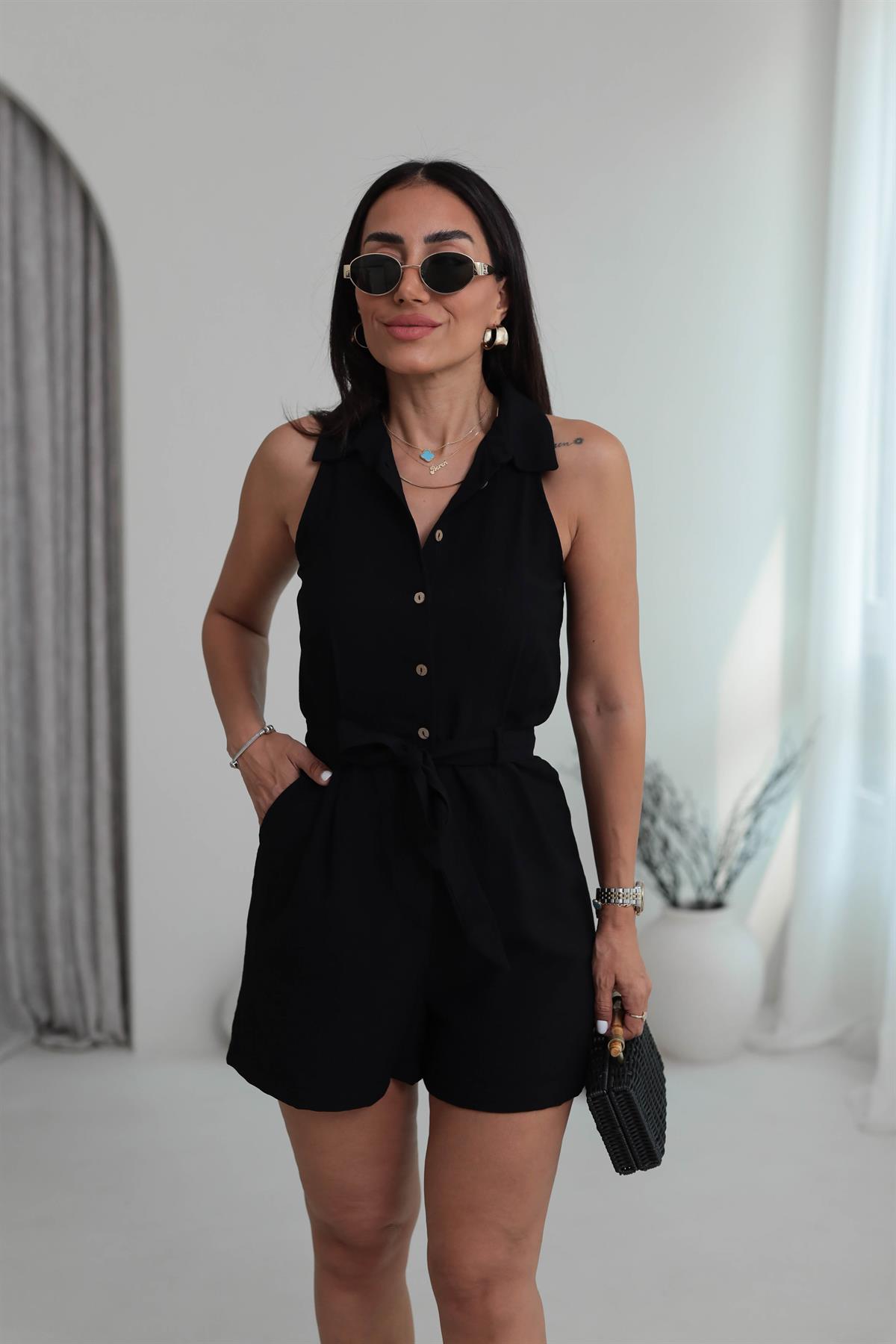 3791 Sıfır Kol Gömlek Yaka Şort Tulum SİYAH