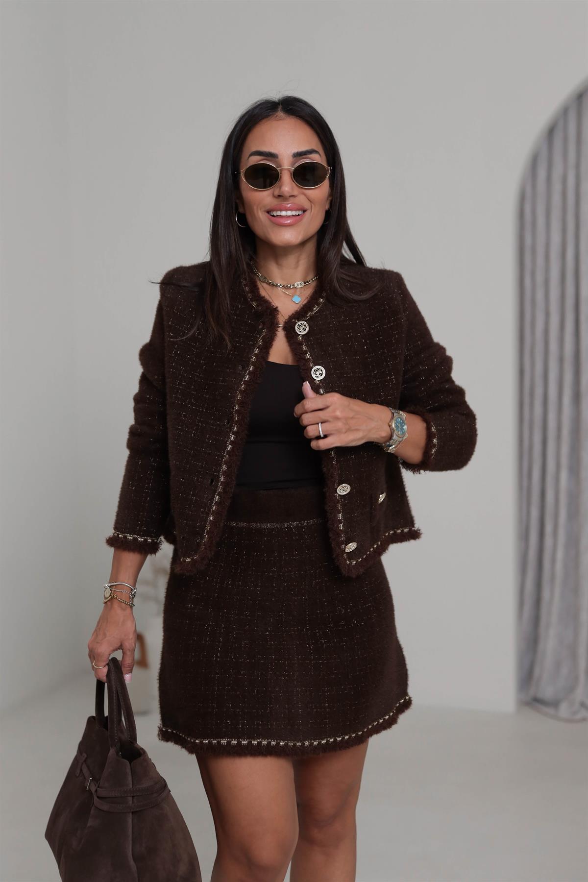 0420 Püskül ve Sim Detaylı Angora Etek ACI KAHVE