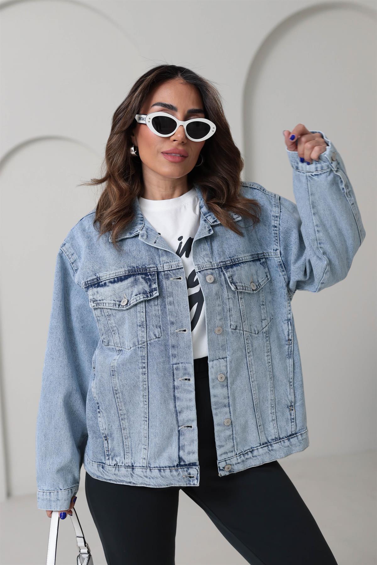 3539 Kapaklı Cep Detay Oversize Kot Ceket AÇIK MAVİ