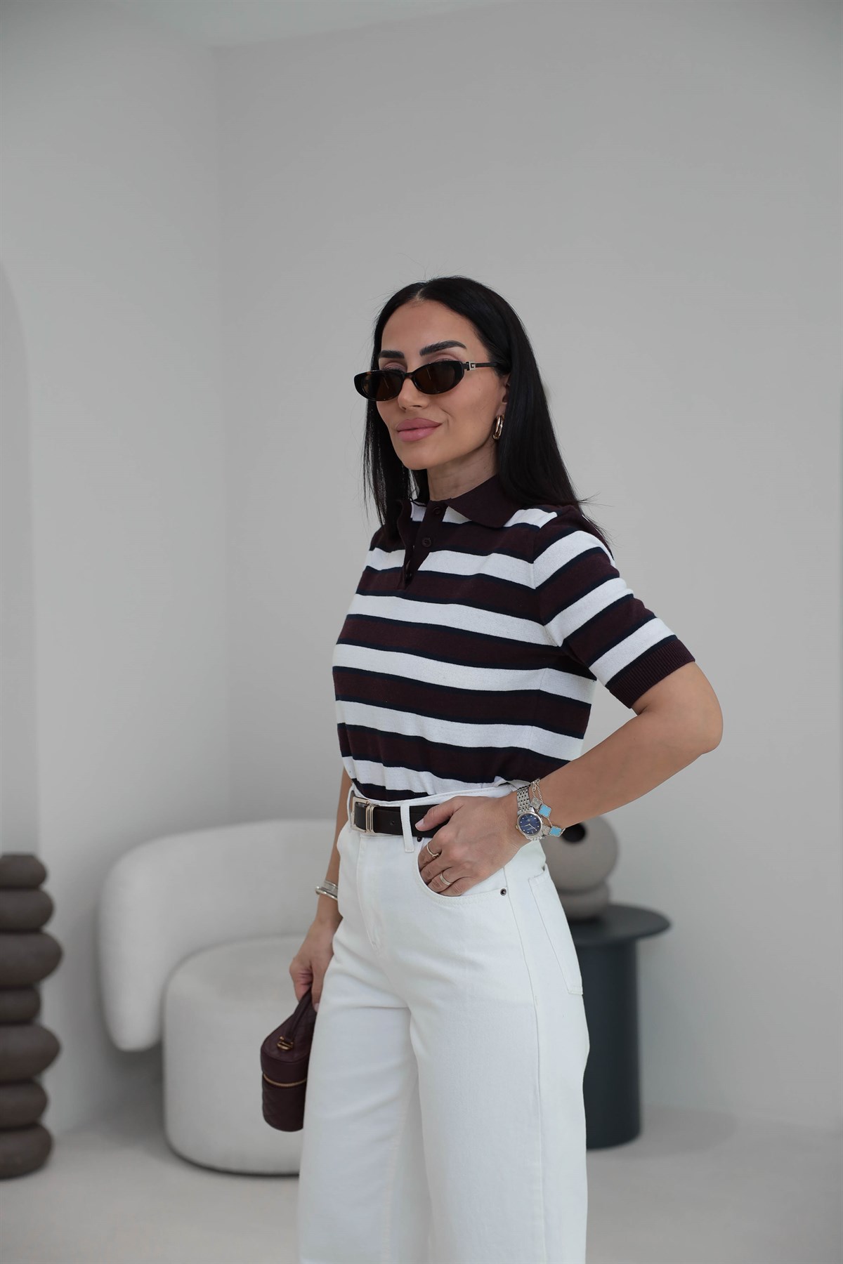 Polo Yaka Çizgili Massi Triko Bluz BORDO