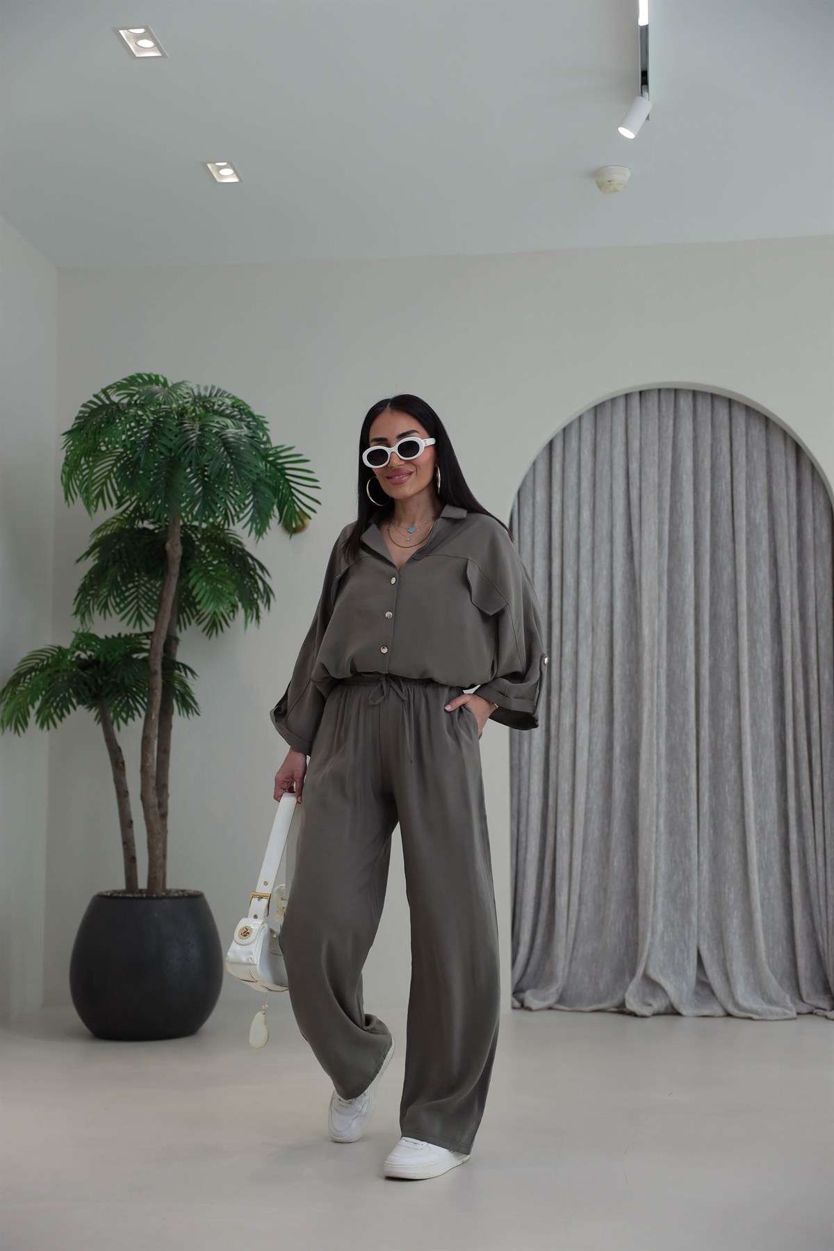 7121 Gold Düğmeli Tencel Kumaş Takım HAKİ YEŞİL