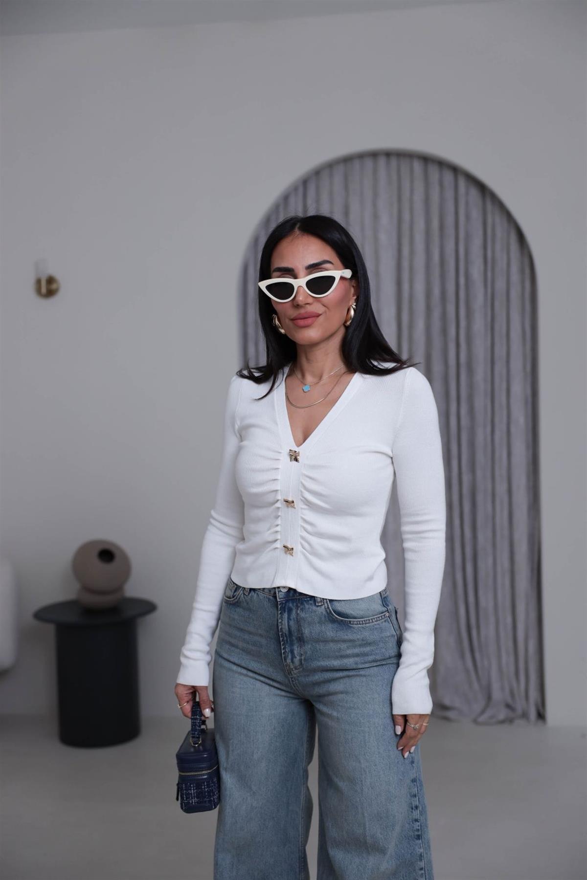 0805 Önü Büzgülü Düğme Detaylı Korsman Triko EKRU