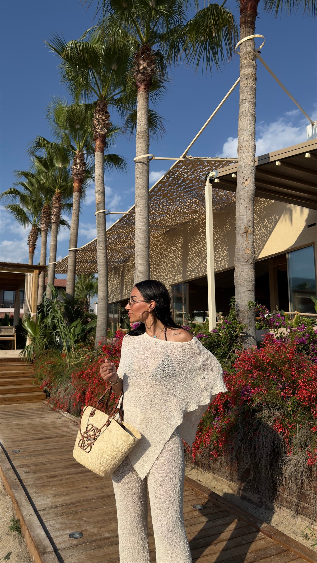 1040 Asimetrik Flora Desen Beach Takım EKRU