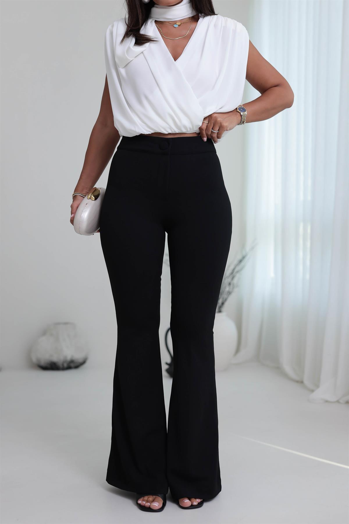 9029 İspanyol Paça Likralı Geniş Kemerli Pantolon SİYAH