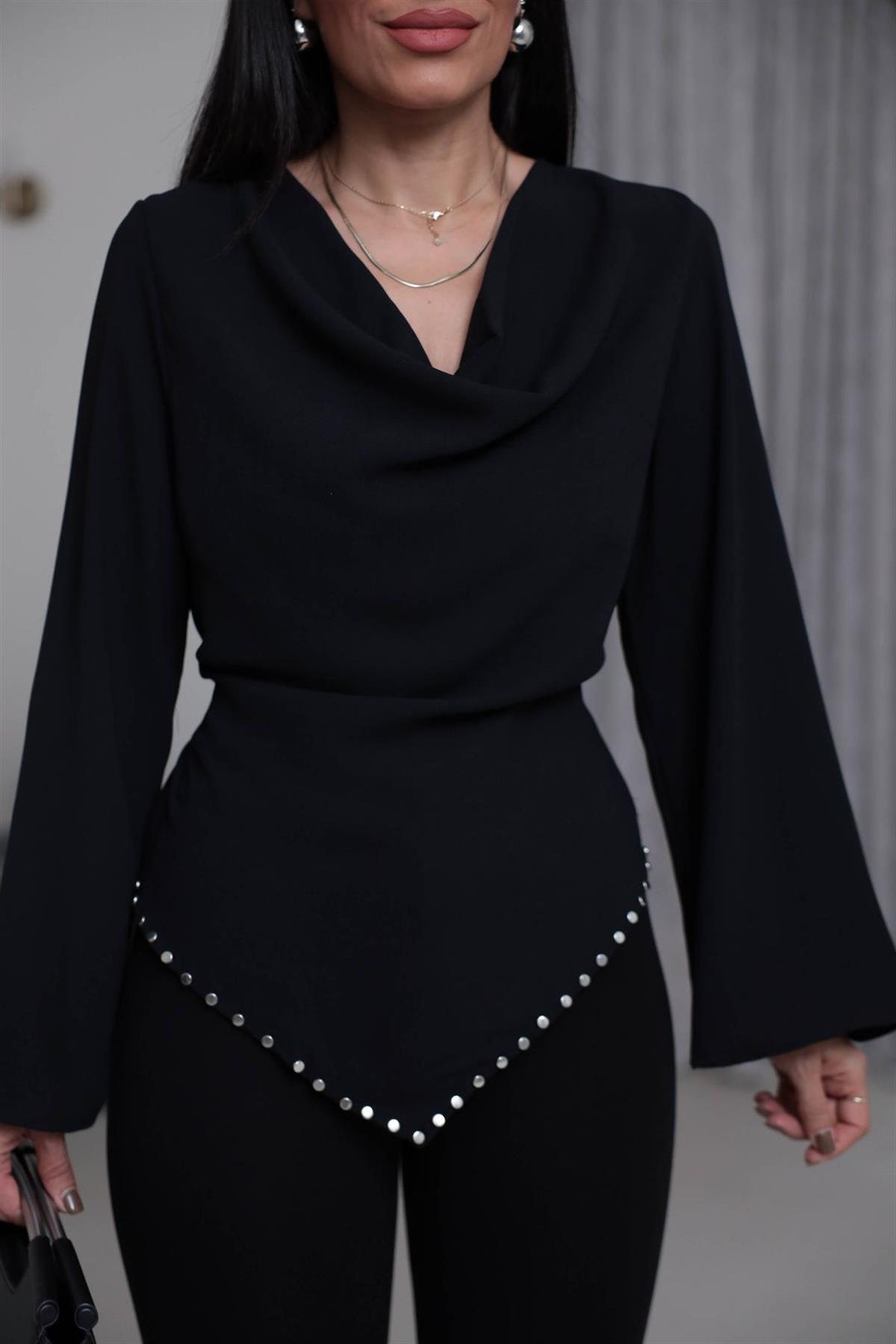 1243 Zımbalı Kuşaklı Asimetrik Bluz SİYAH