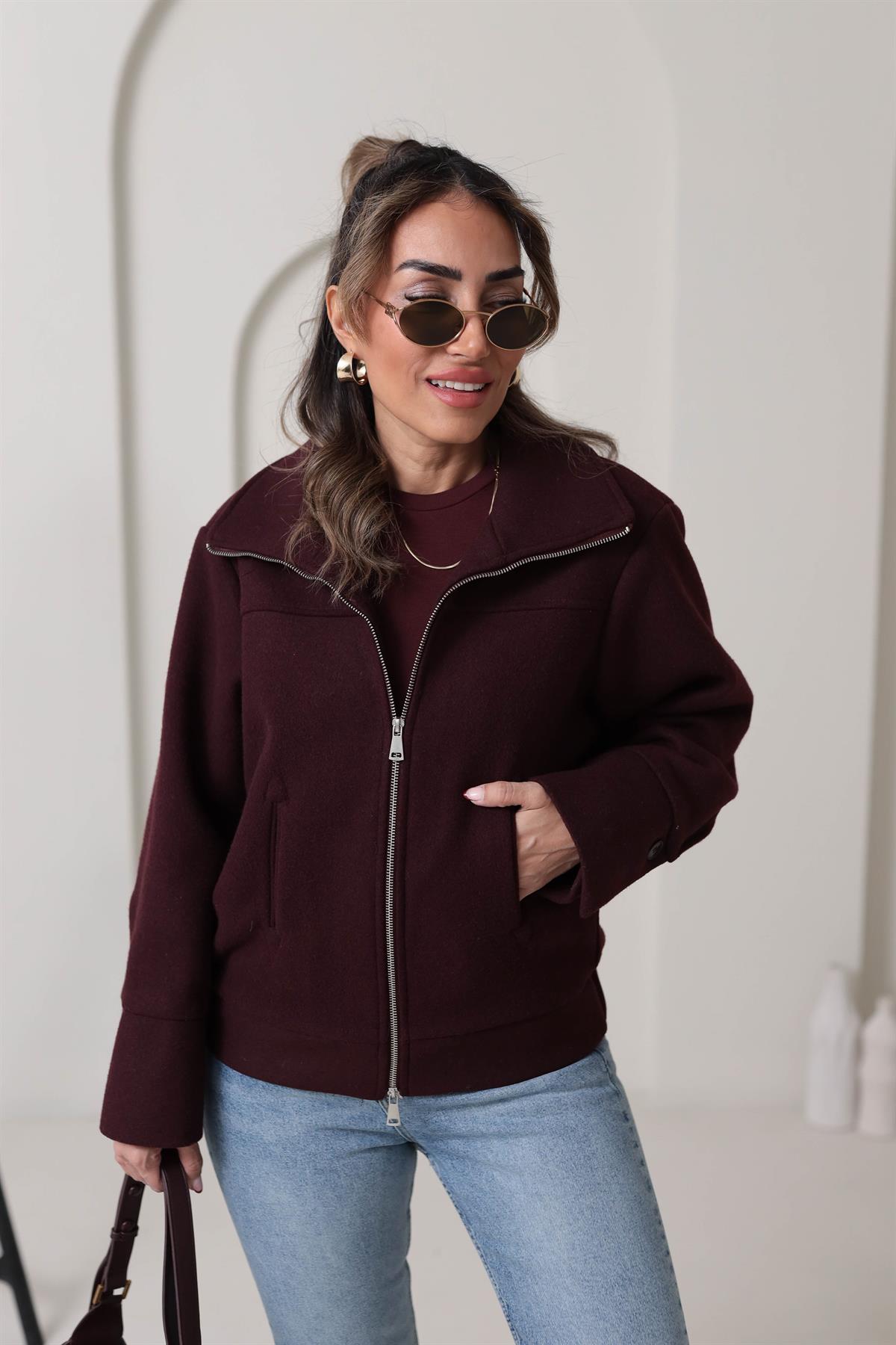 9567 Fermuarlı Kaşe Mont BORDO