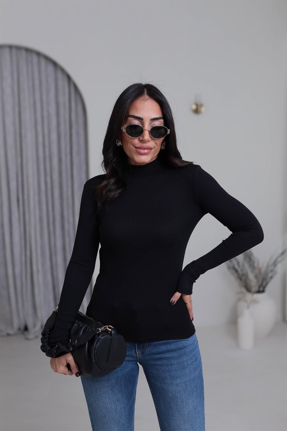4144 Balıkçı Yaka Uzun Kol Bluz SİYAH