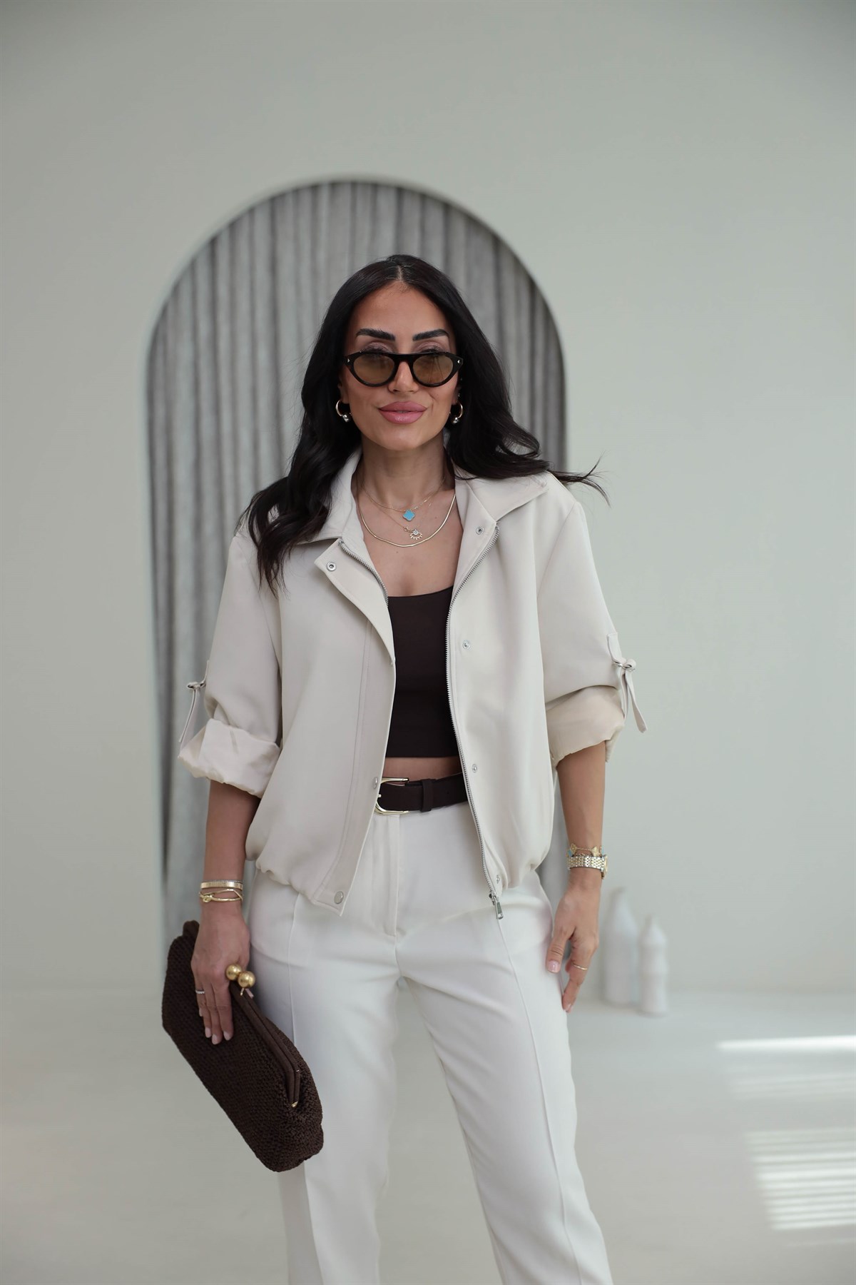 6341 Kolu Katlamalı Fermuarlı Çıtçıtlı Ceket TAŞ