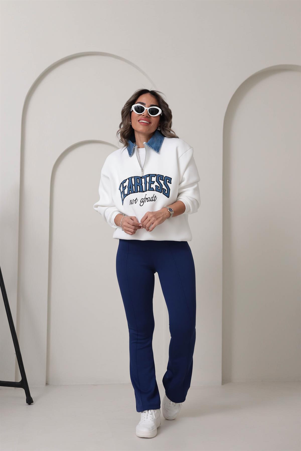 8660 Denim Mix Yaka Fermuarlı Şardonlu Sweatshirt EKRU