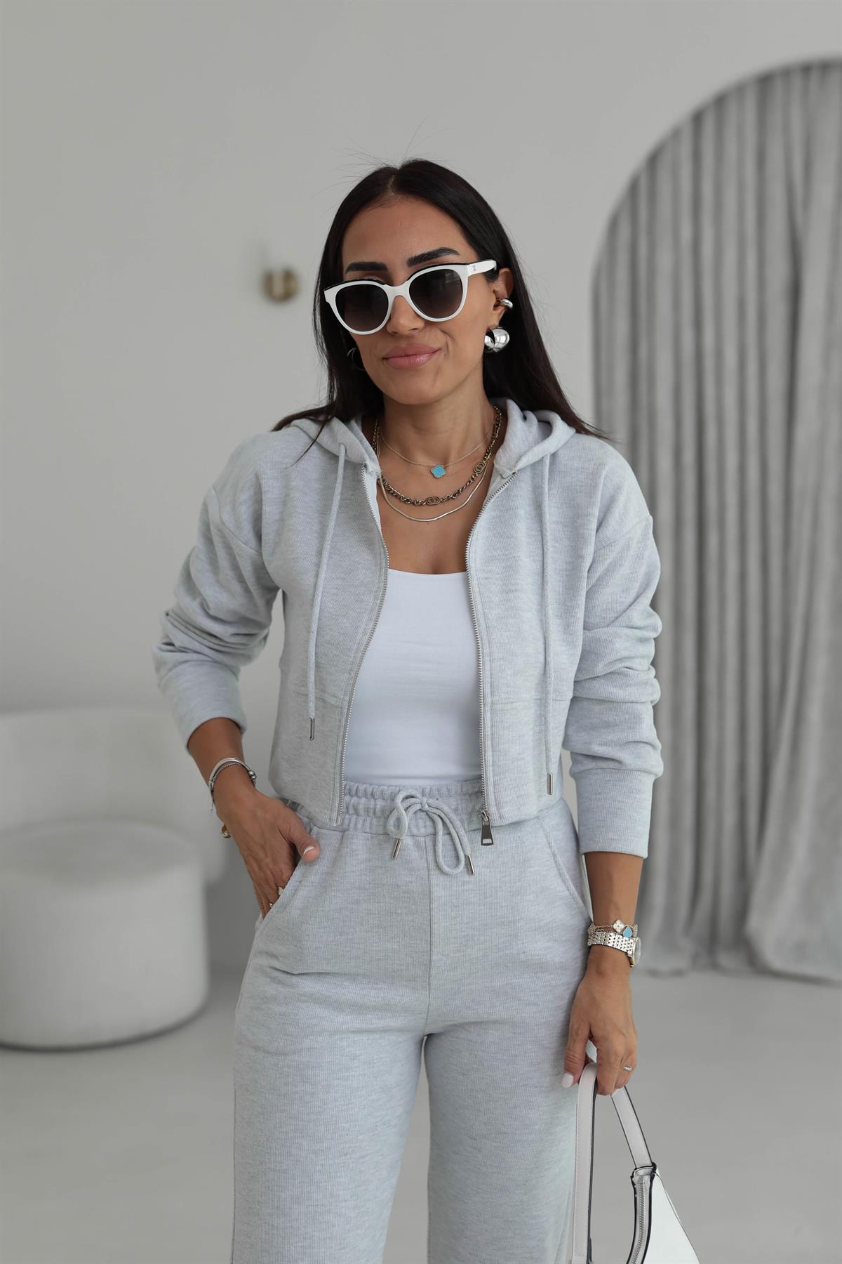 2331 Selanik Kumaş Fermuarlı Ceketli Takım GRİ