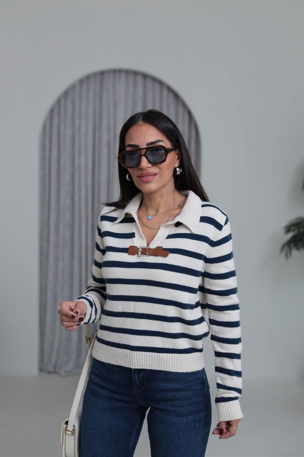 4630 Kemer Detaylı Polo Yaka Triko Bluz LACİVERT