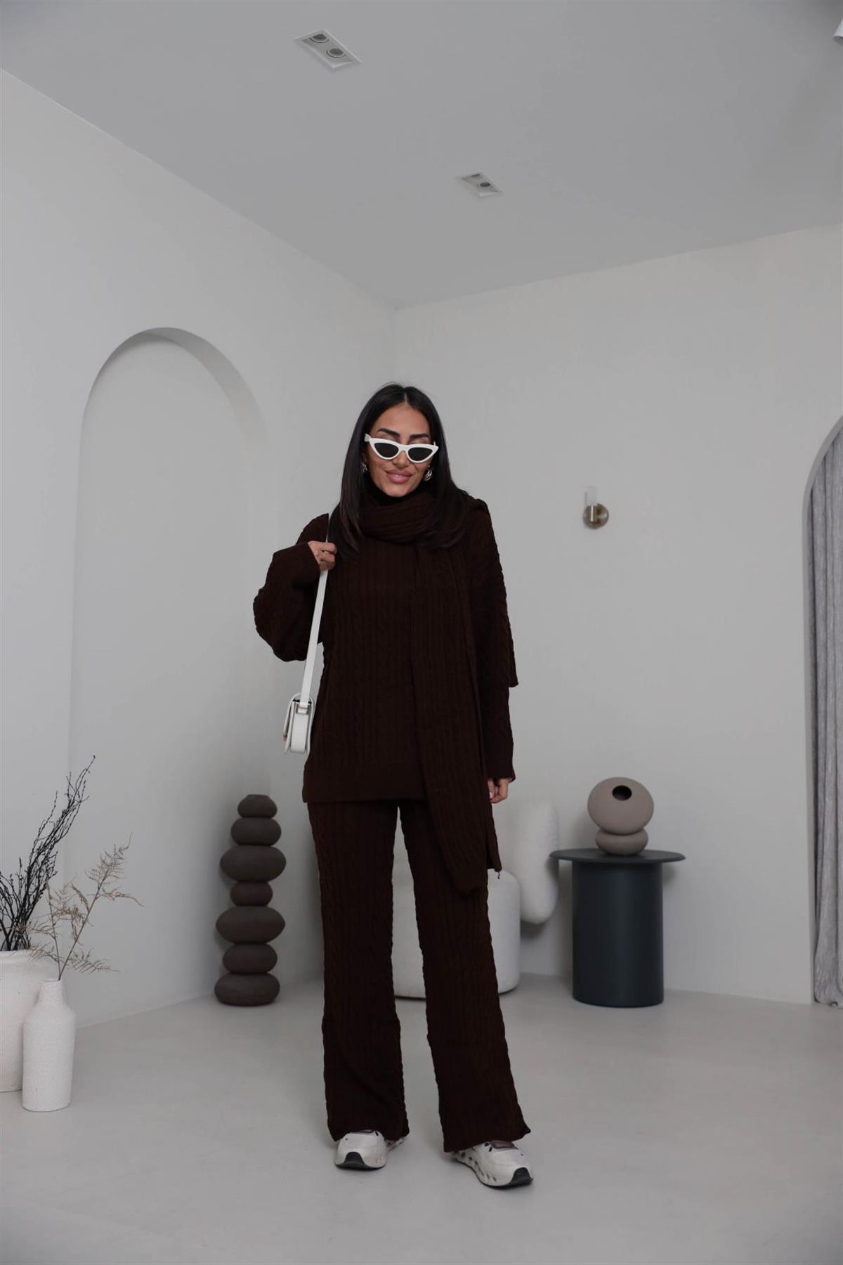 2464 Şal Detaylı Üçlü Triko Takım KAHVE