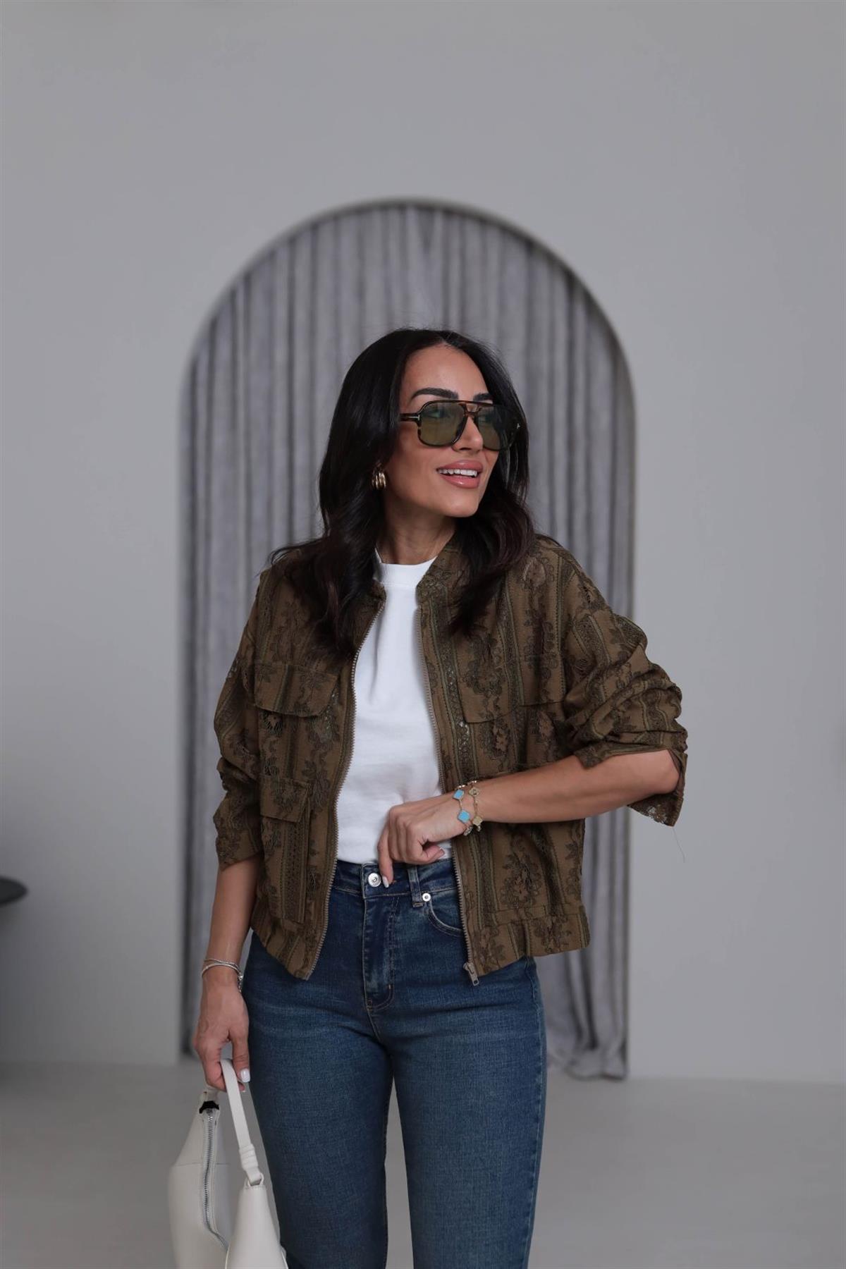 Fermuarlı Cep Kapaklı Dantelli Bomber Ceket HAKİ YEŞİL