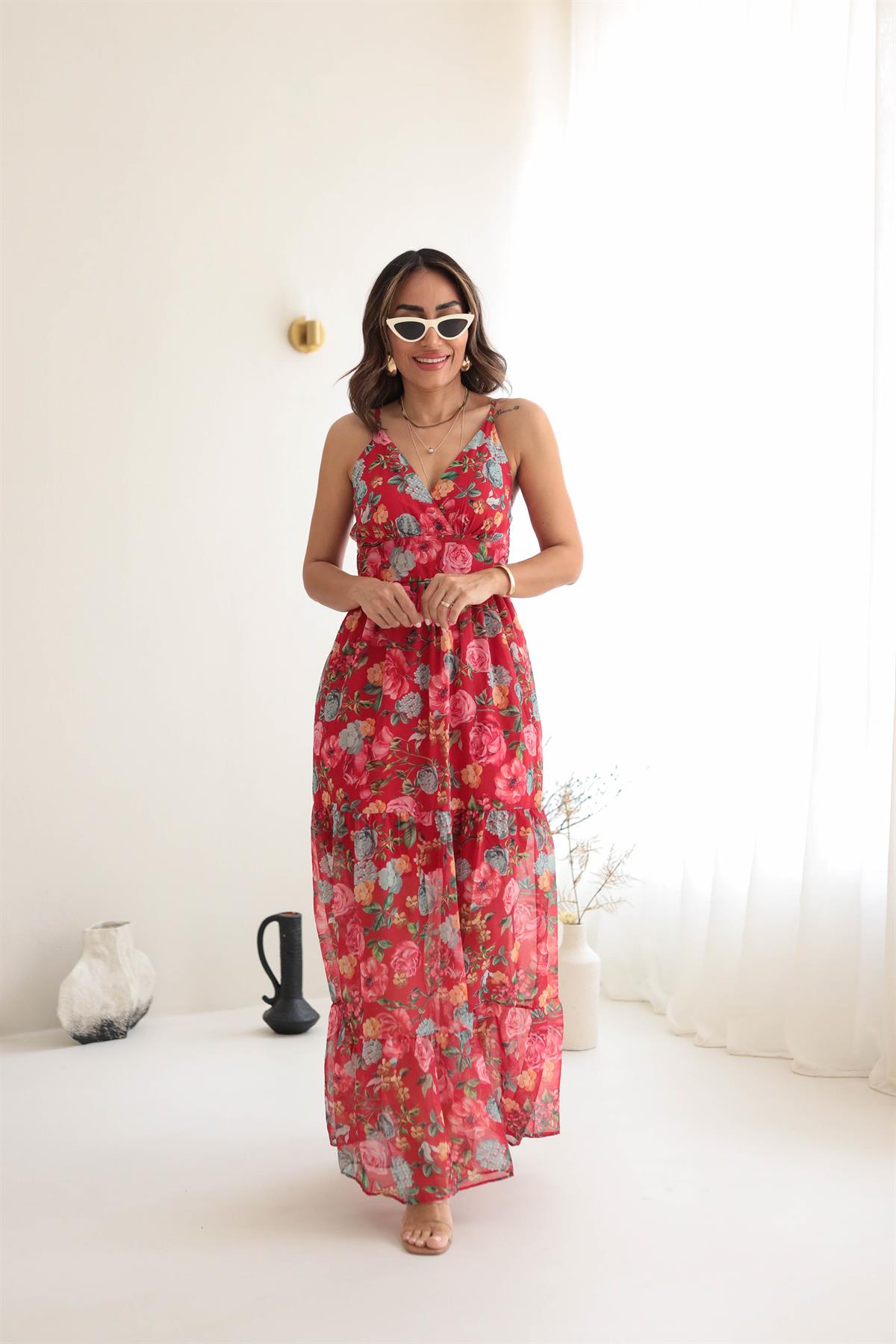 3523 İp Askılı Desenli Sırtı Gipeli Elbise