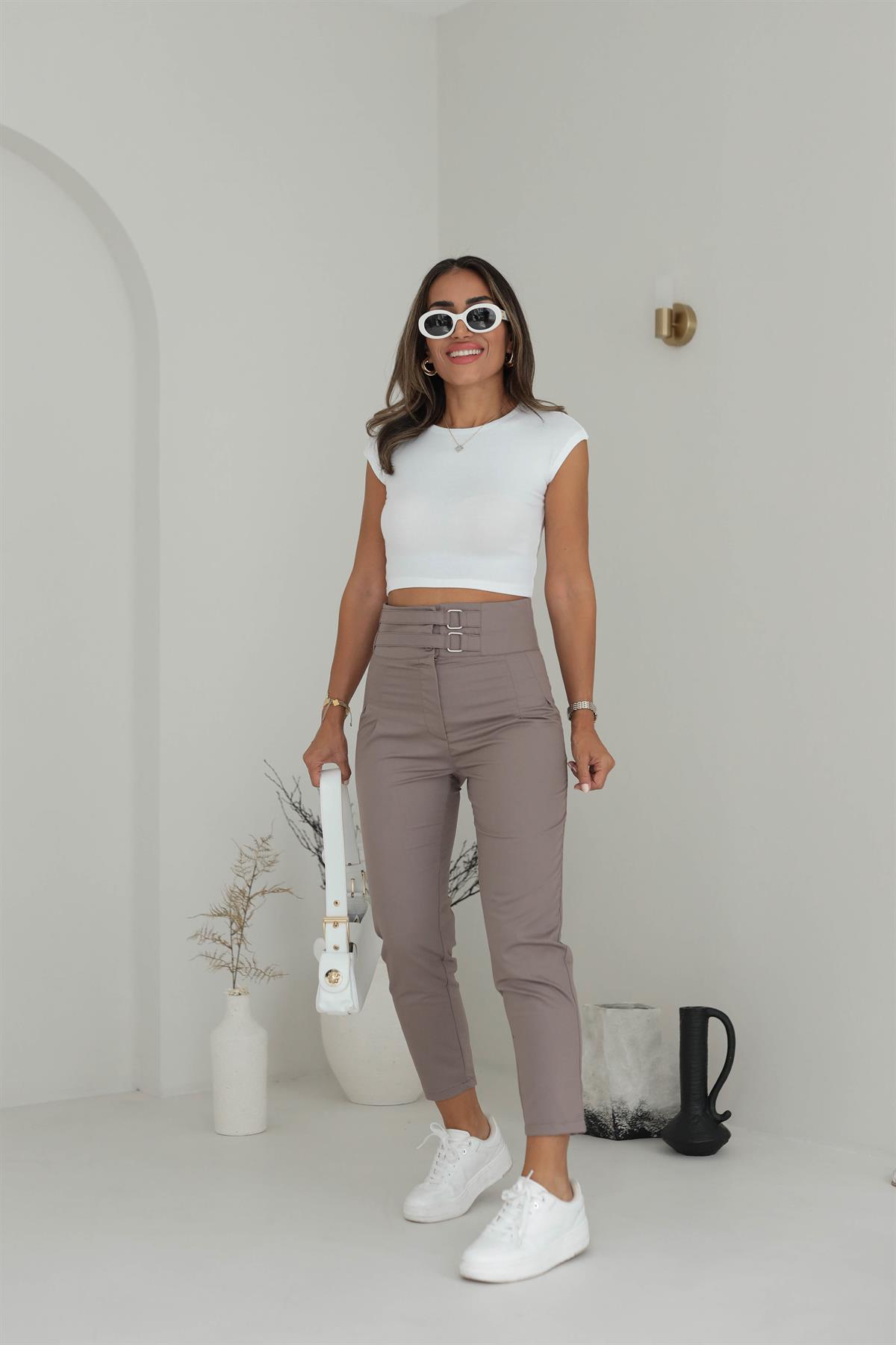 Çift Kemerli Yüksek Bel Pantolon