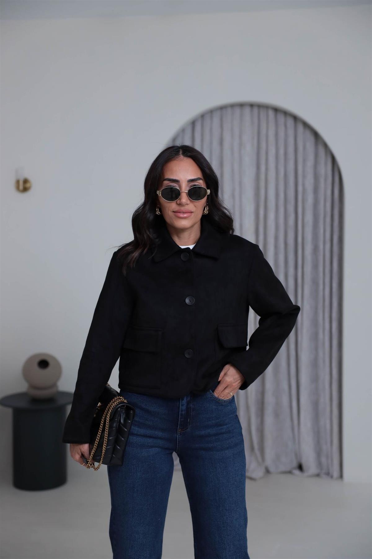 0208  Cep Detaylı Kısa Süet Ceket SİYAH