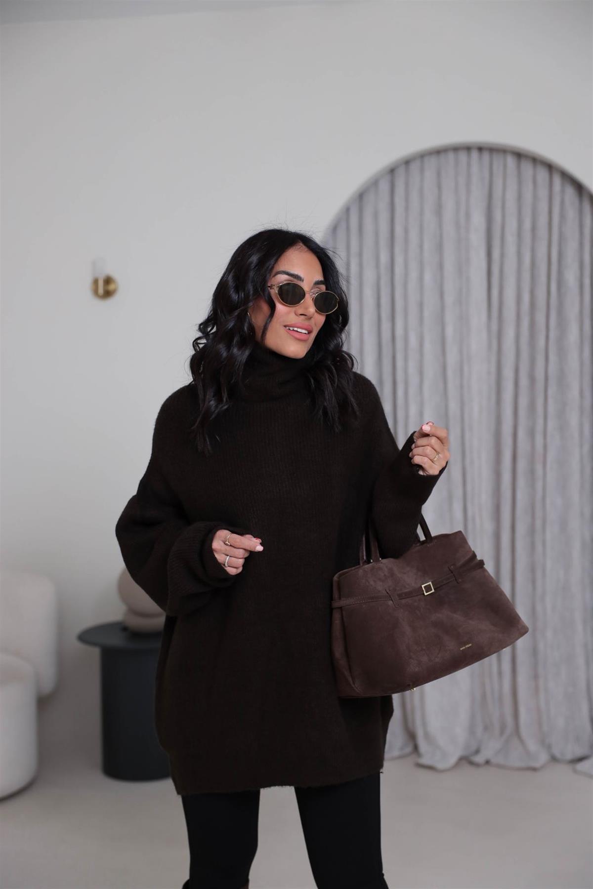 2268 Balıkçı Yaka Uzun Kazak KOYU KAHVE