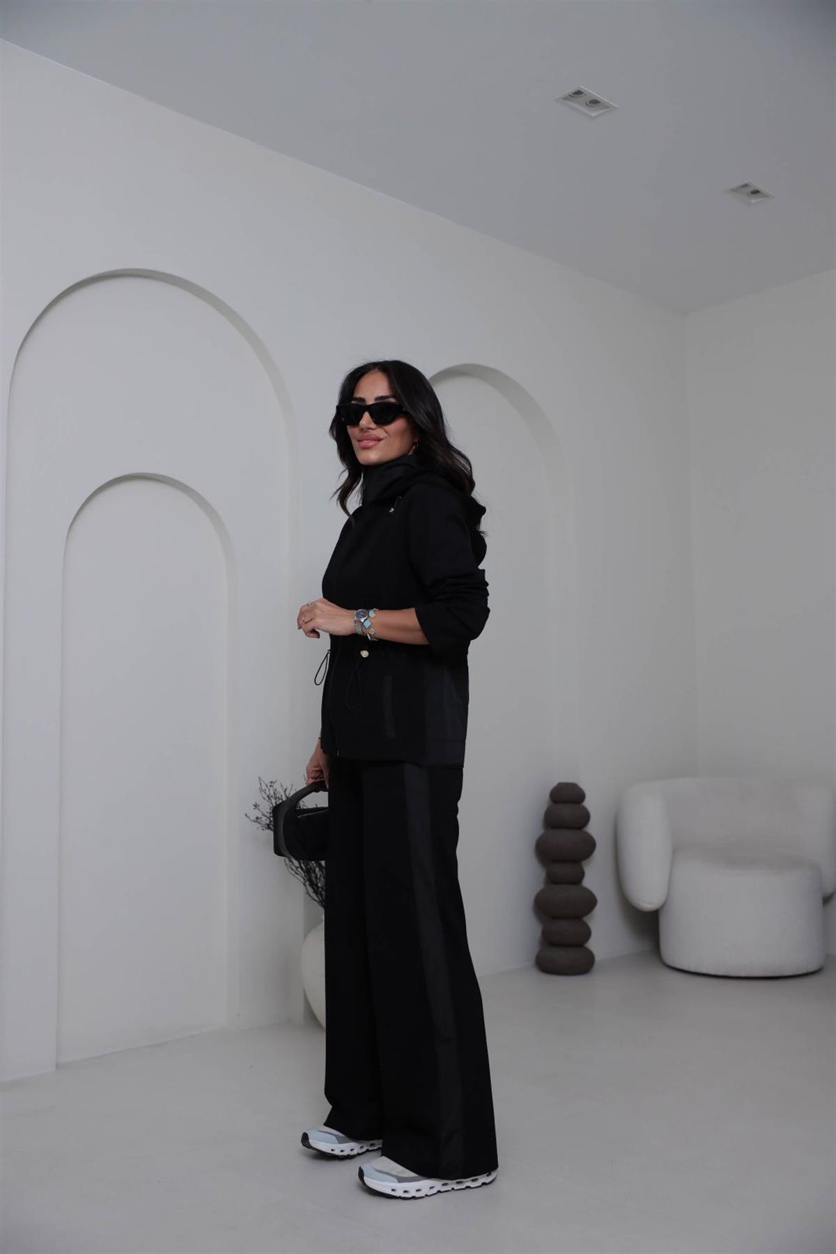 6933 Paraşüt Garnili Bel Lastikli Modal Takım SİYAH