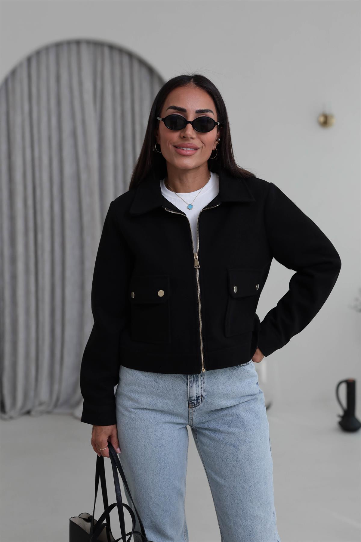 2470 Gold Detaylı Kaşe Ceket SİYAH