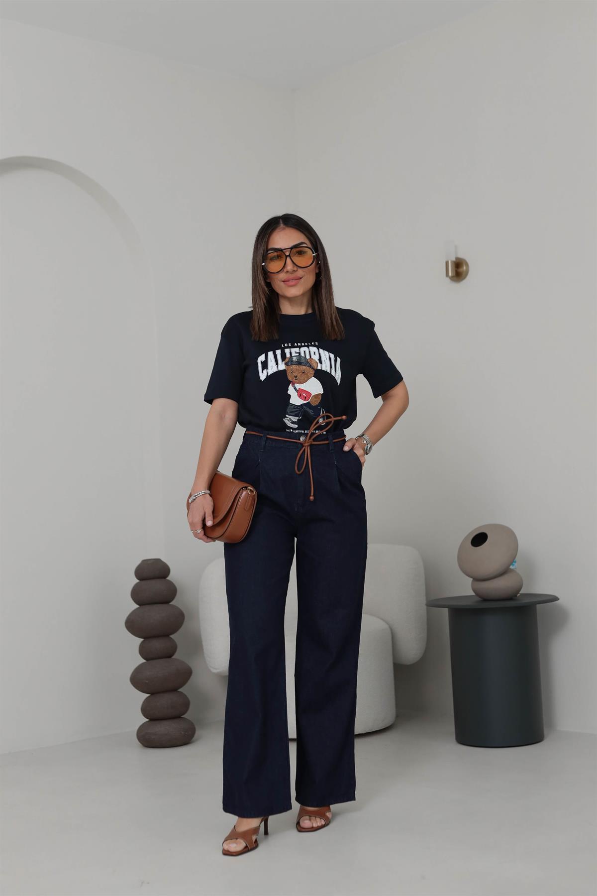 3516 Deri Kemerli Pensli Paça Palazzo Jean Pantolon KOYU LACİ