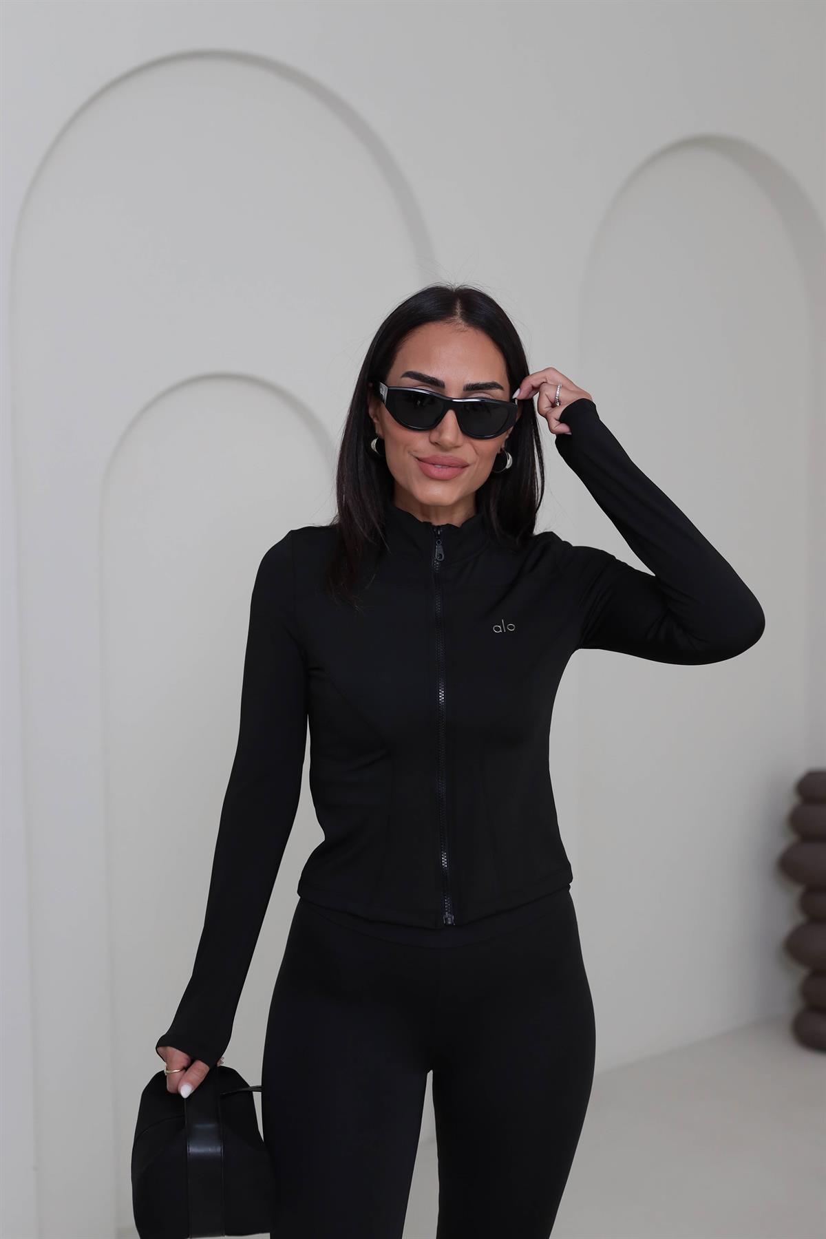 T001 Yazı Baskılı Fermuarlı Spor Ceket SİYAH