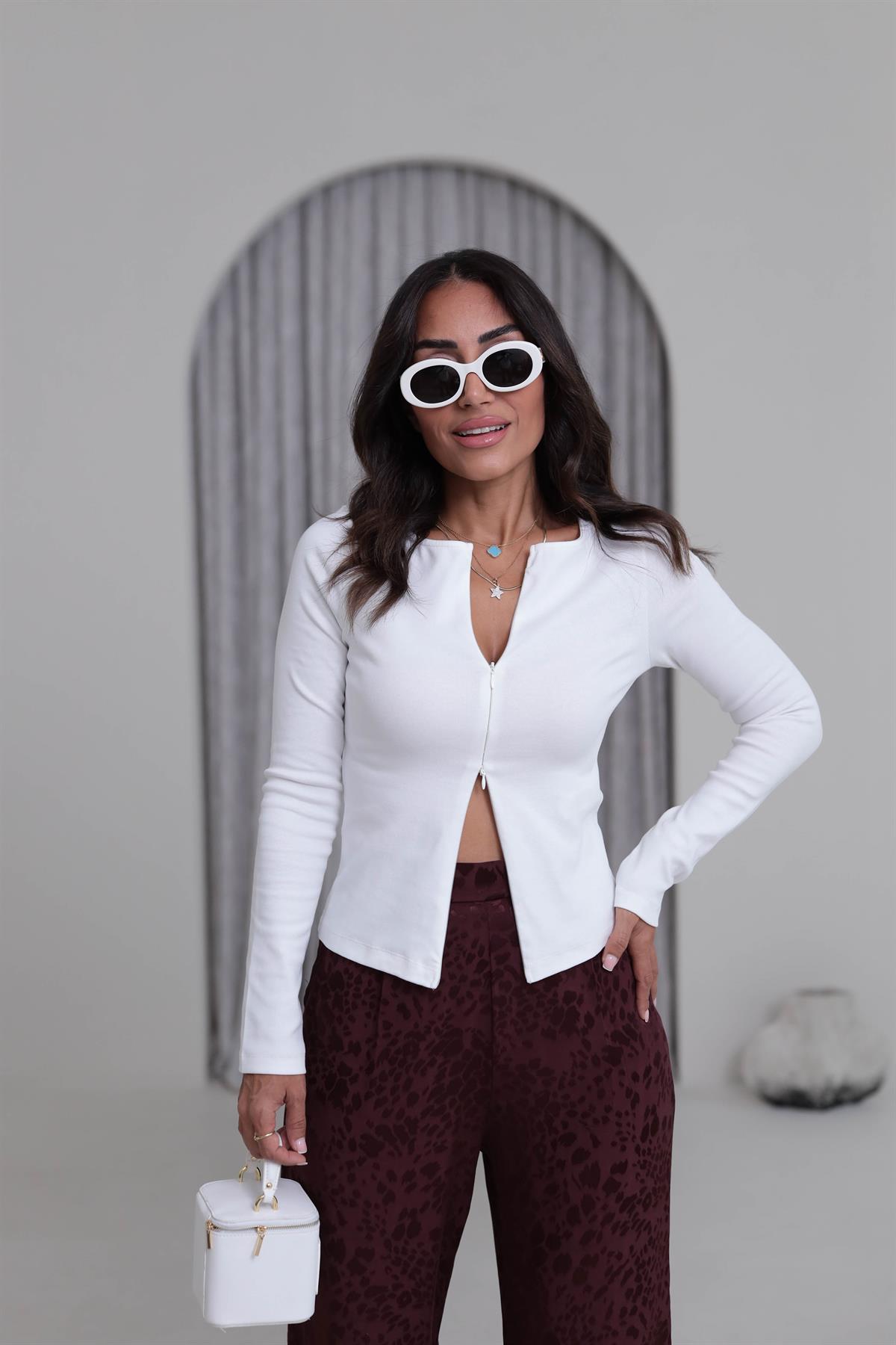 1993 Fermuar Detaylı Uzun Kollu Bluz EKRU