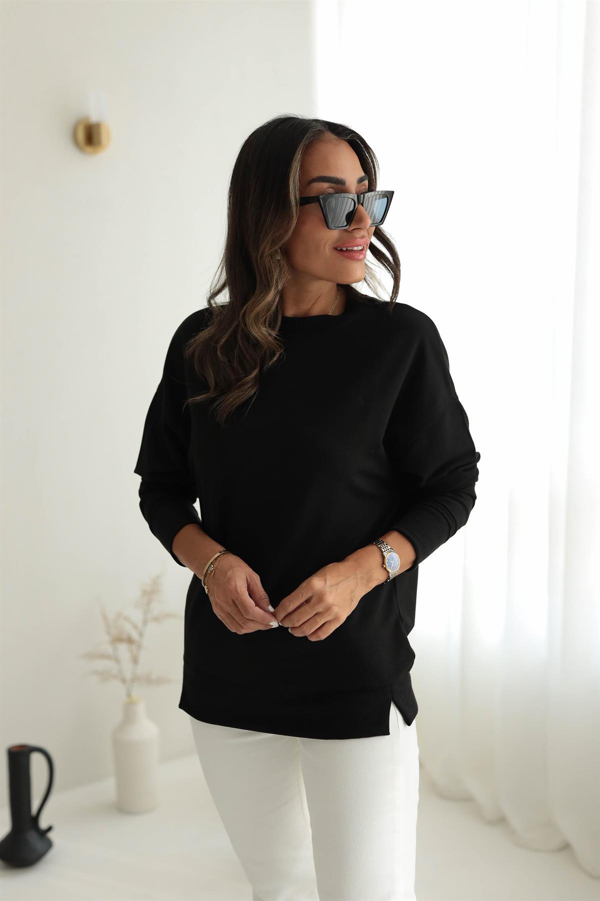 9002 Düz Basic Sweatshirt SİYAH