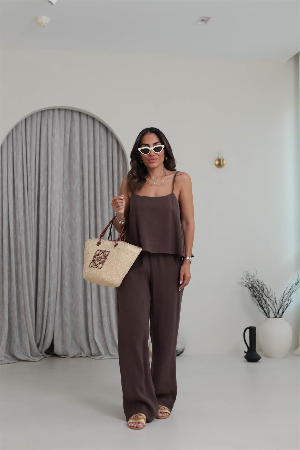 0455 İp Askılı Tencel Kumaş Takım KAHVE