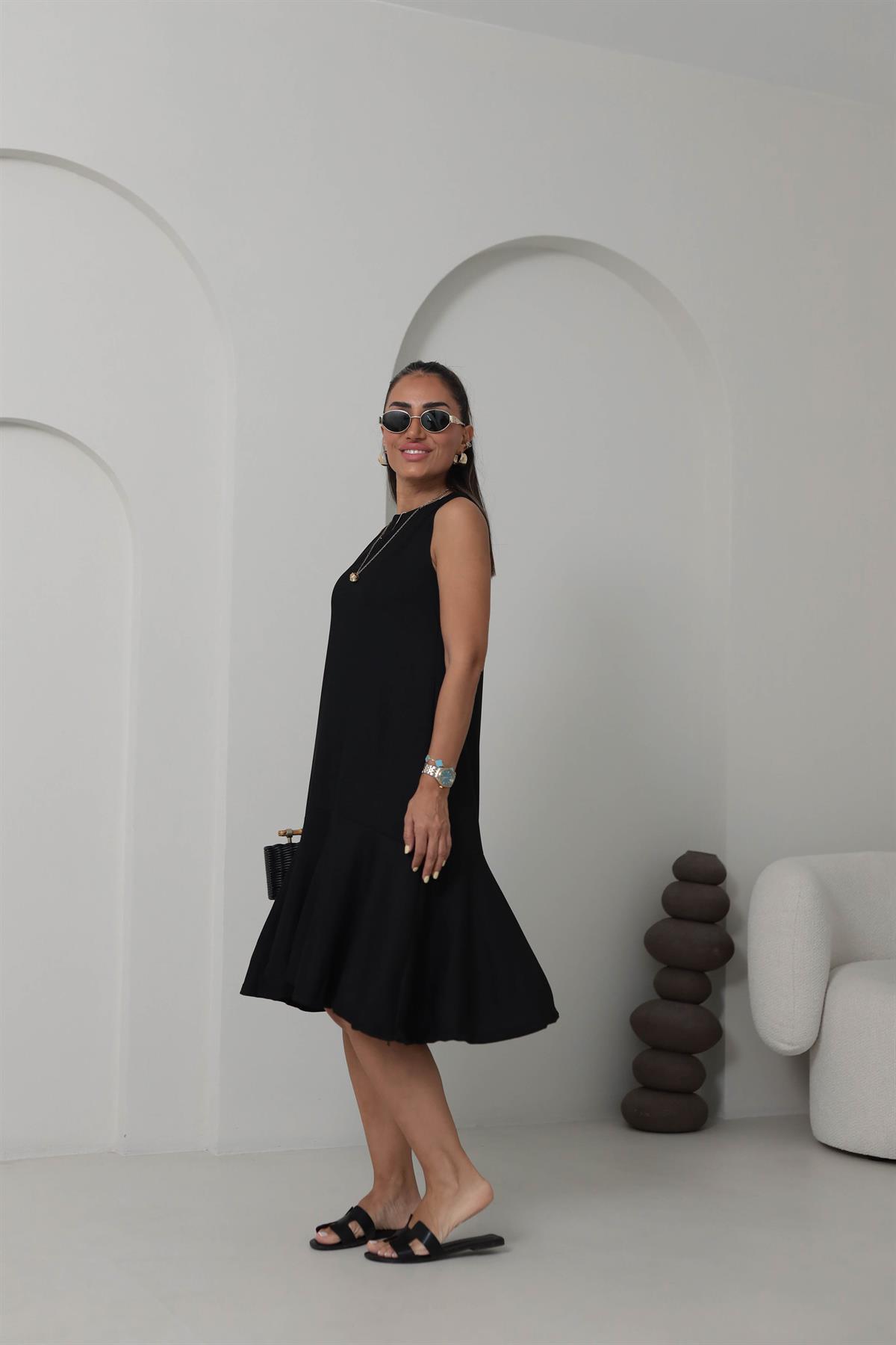 A9901 Eteği Volanlı Kolsuz Elbise SİYAH