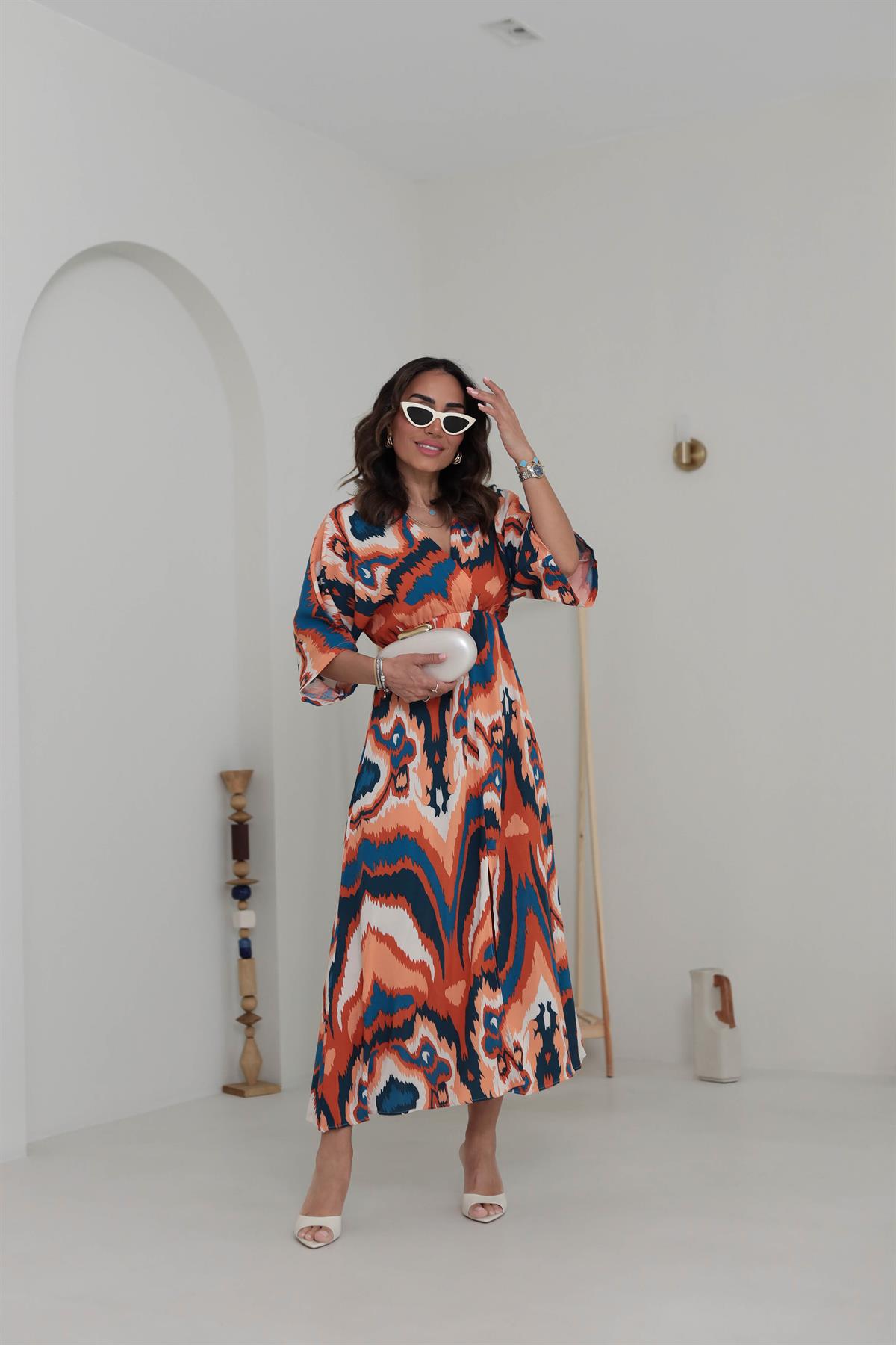 3154Y Kruvaze Yaka Beli Lastikli Desenli Midi Elbise LACİ-ORANJ