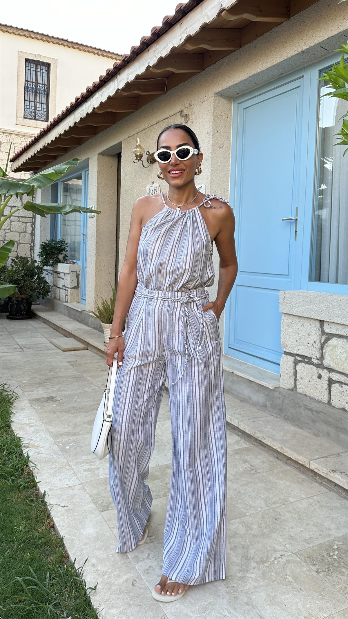 6347 Boyundan Bağlamalı Bluz Pantolon Takım