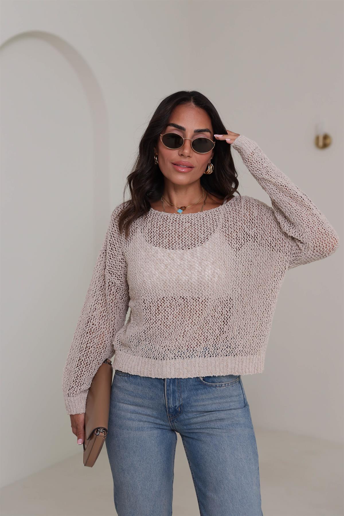 4412 Havuz Yaka Ajurlu Triko BEJ