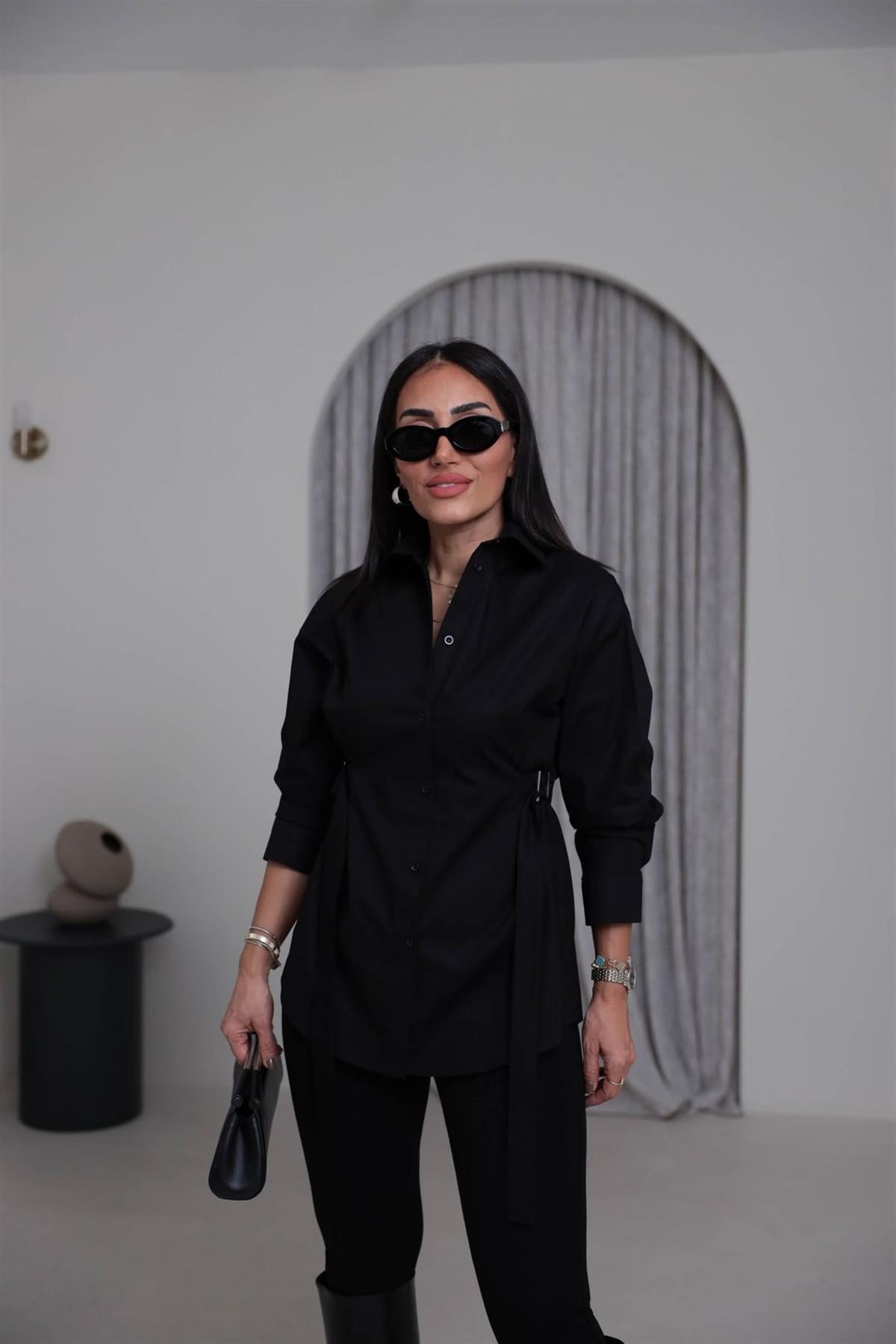 7176 Beli Kemer Detaylı Gömlek SİYAH