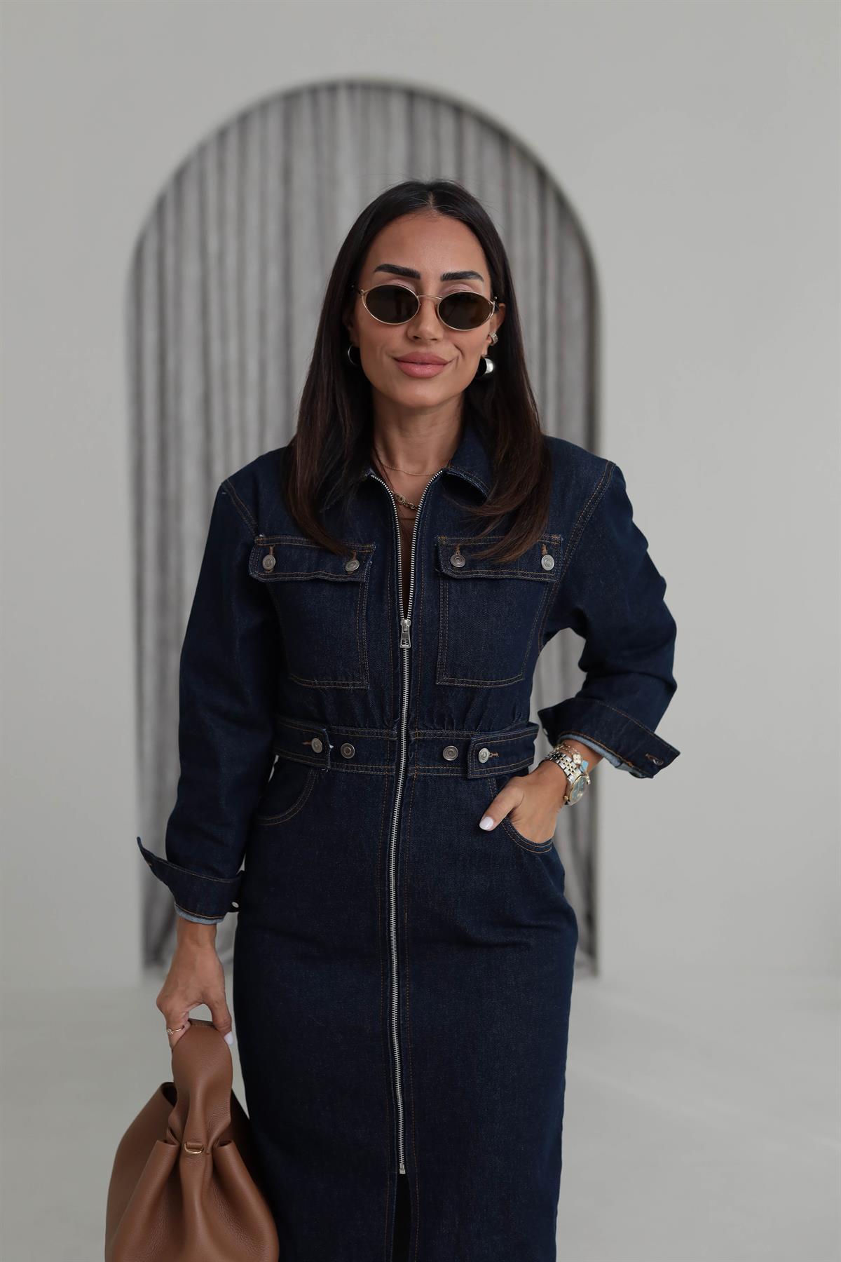 9279 Bel Gipeli Cep Detaylı Fermuarlı Jean Elbise LACİVERT