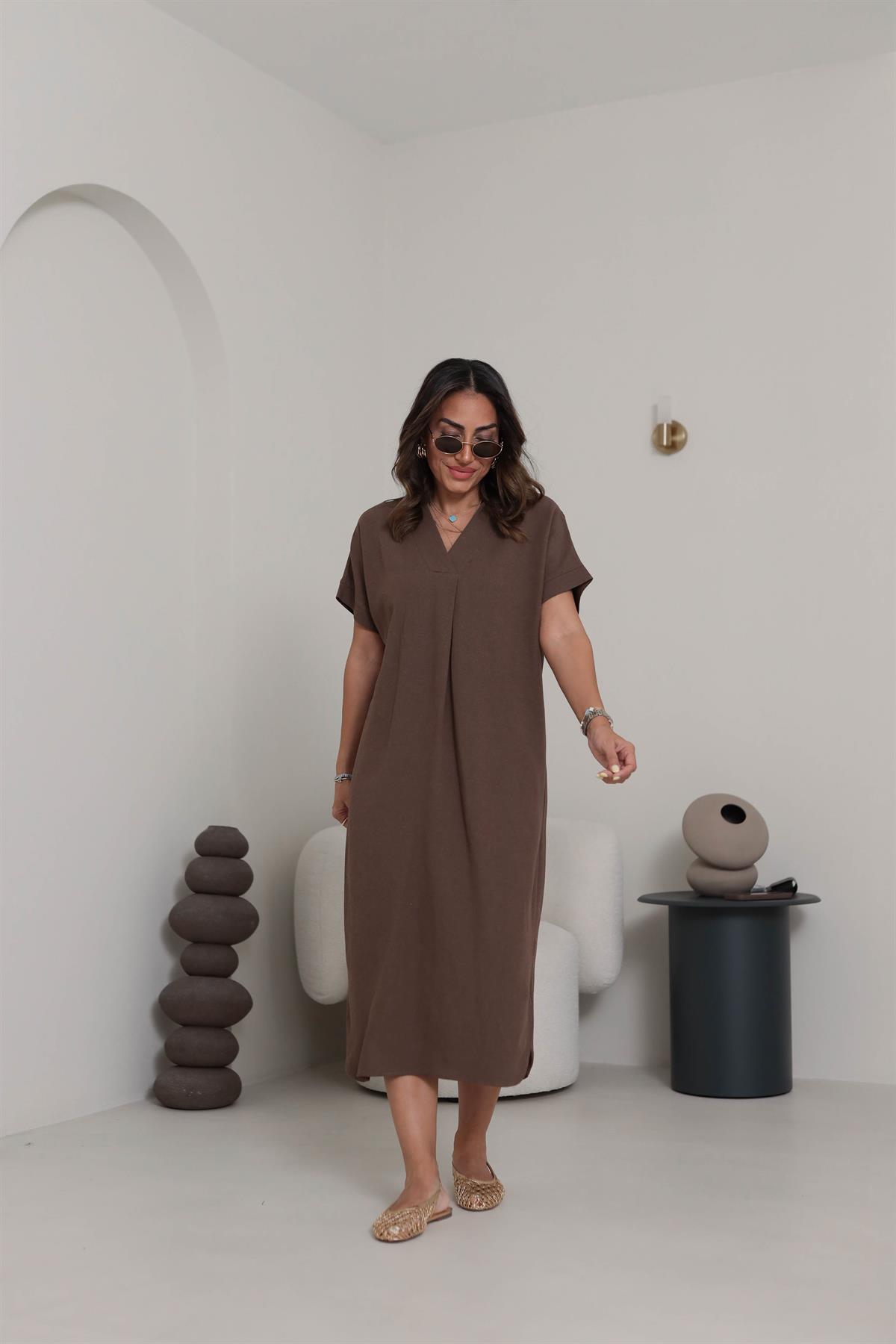 5998 V Yaka Rahat Terni Elbise KAHVE