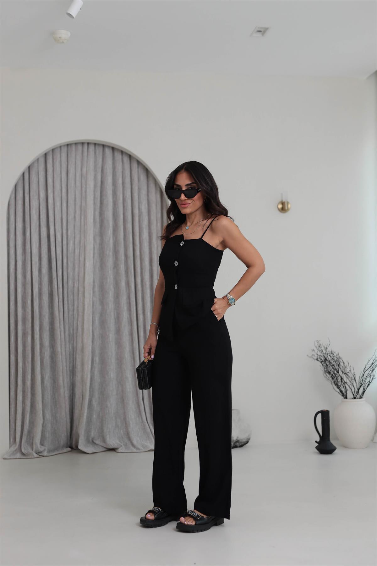 0288 Askıları Ayarlanabilir Tencel Keten Yelek & Pantolon Takım SİYAH
