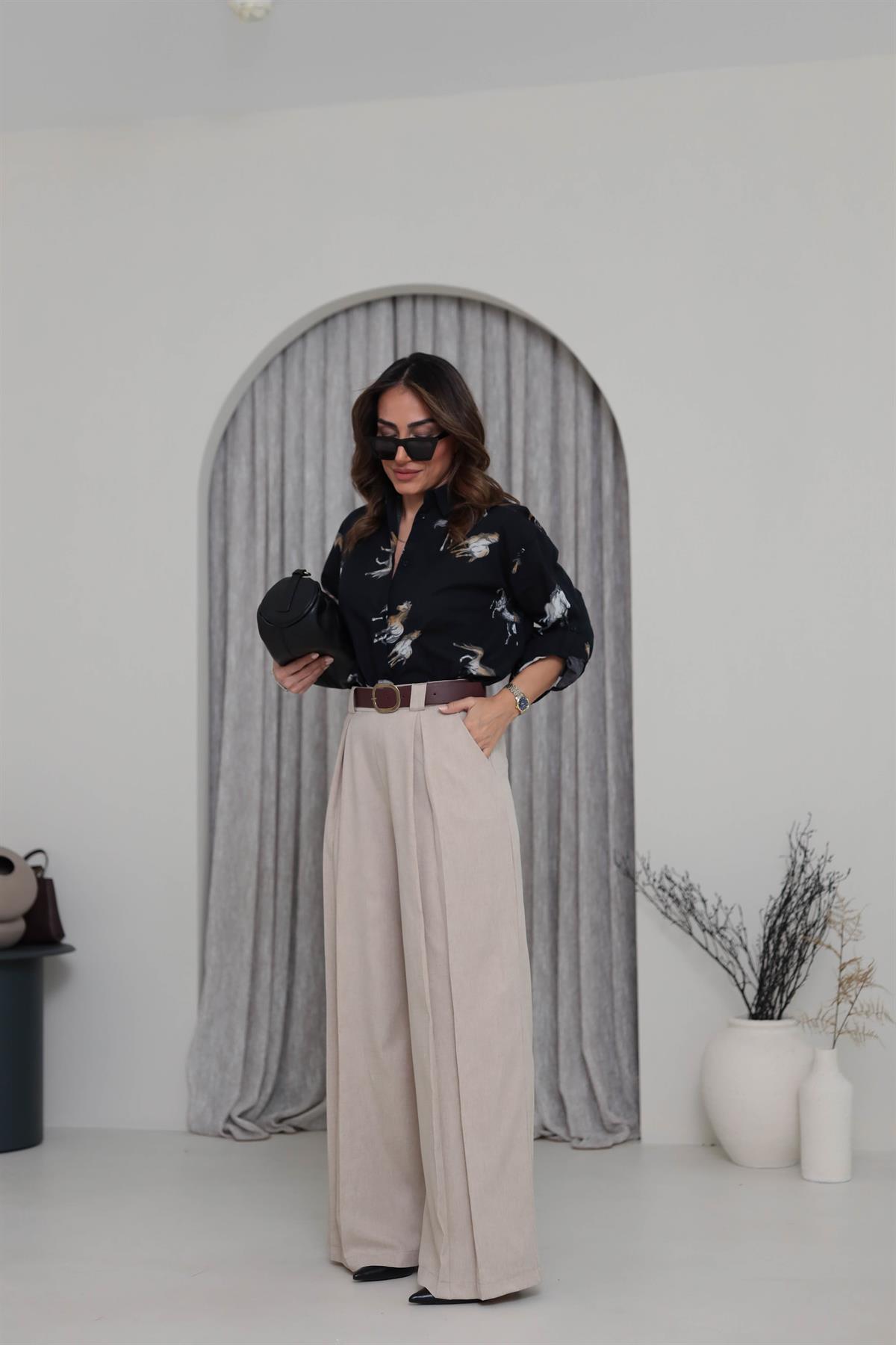 2569 Arka Bel Lastikli Kemerli Palazzo Pantolon BEJ