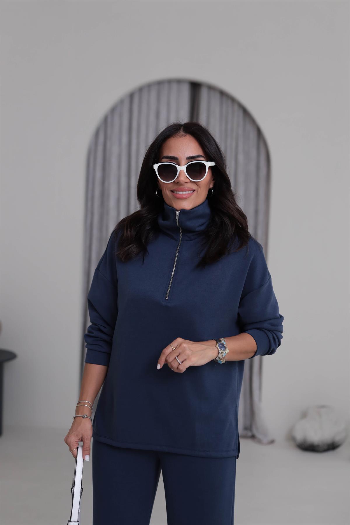 Yanları Yırtmaç Detaylı Yarım Fermuarlı Modal Takım LACİVERT