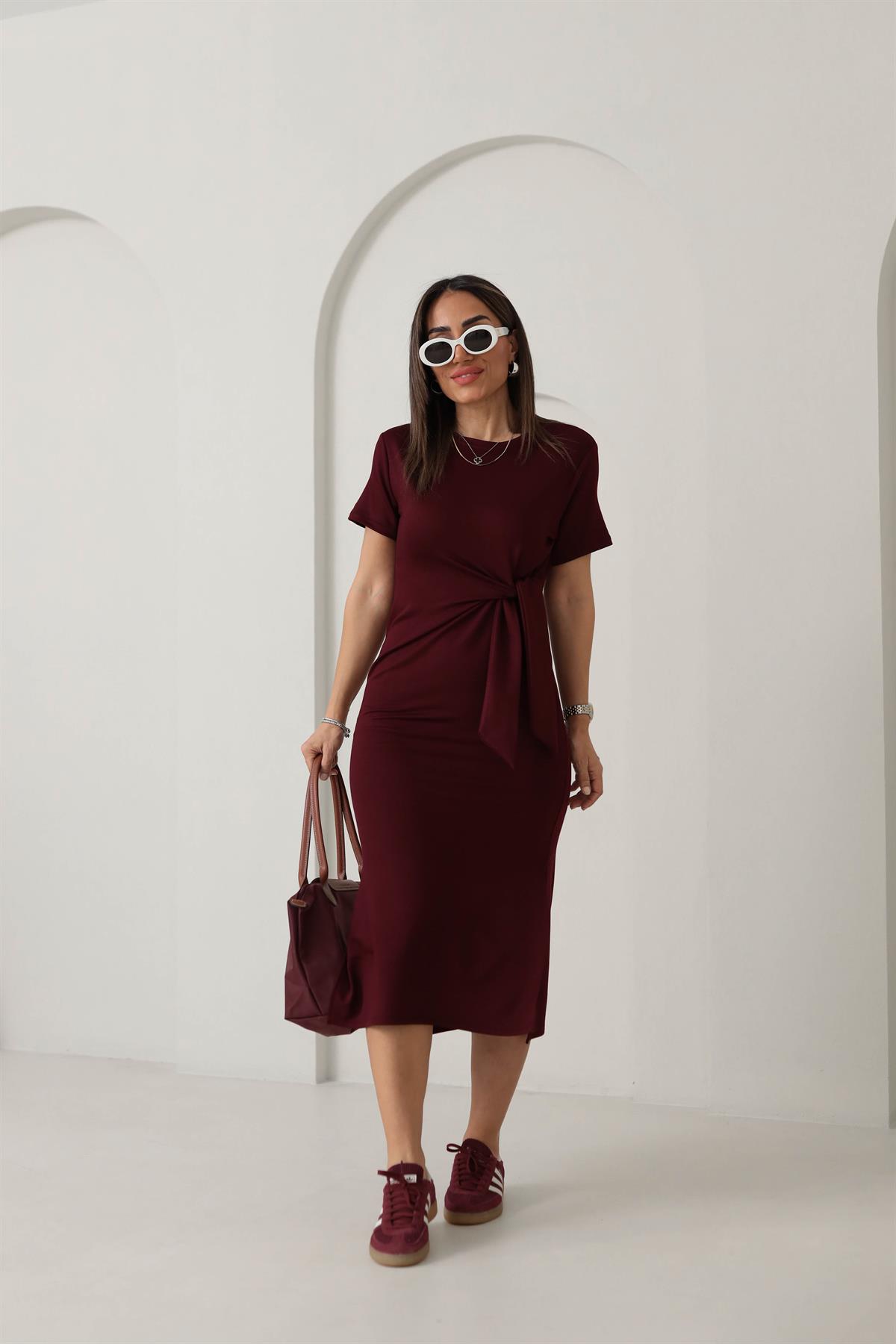 3182 Önden Bağlamalı Yanları Yırtmaçlı Penye Elbise BORDO