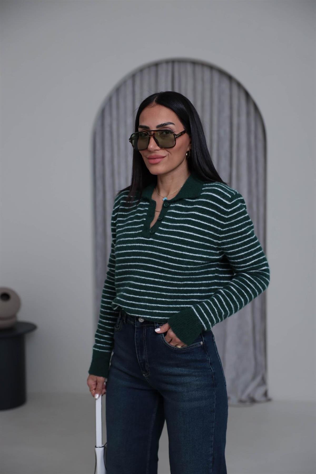 4968 Polo Yaka Yarım Düğmeli Çizgili Kazak YEŞİL