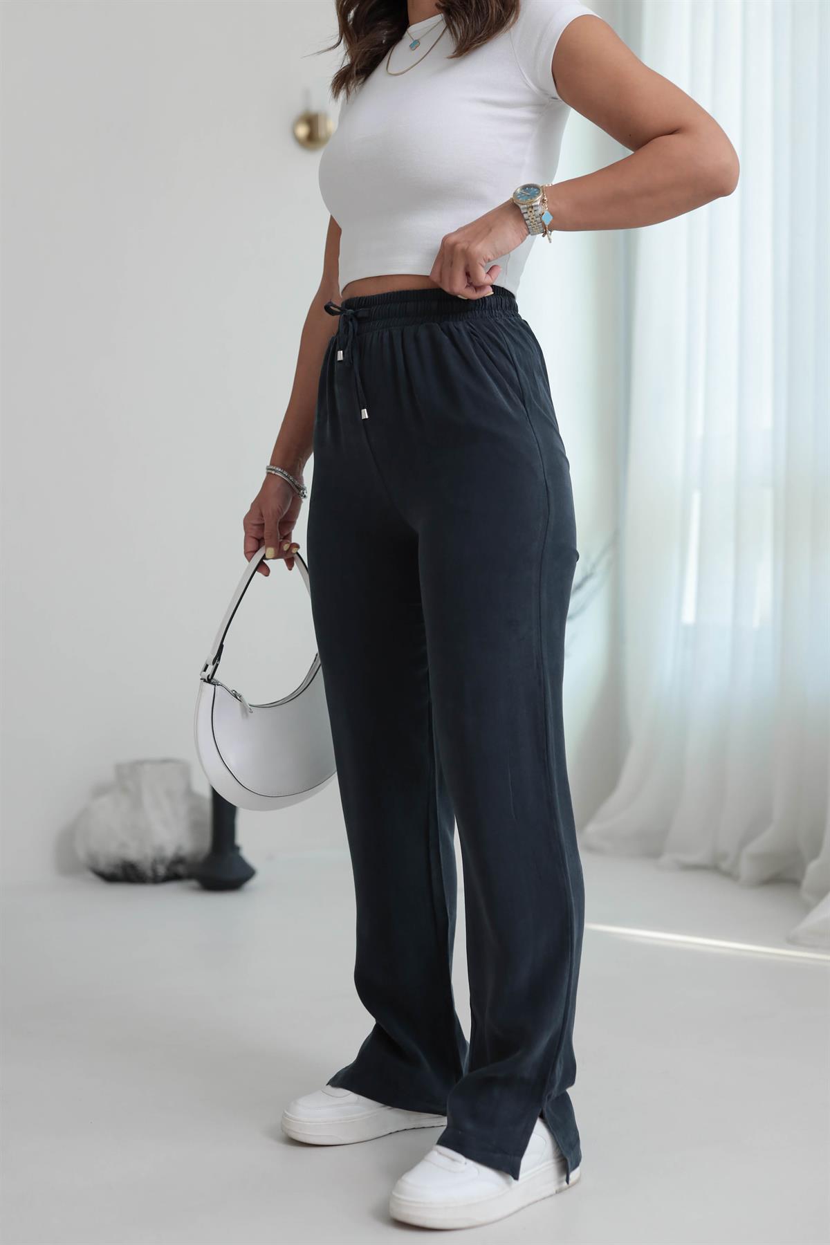 Paça Yırtmaçlı Bel Lastikli Tencel Pantolon ANTRASİT