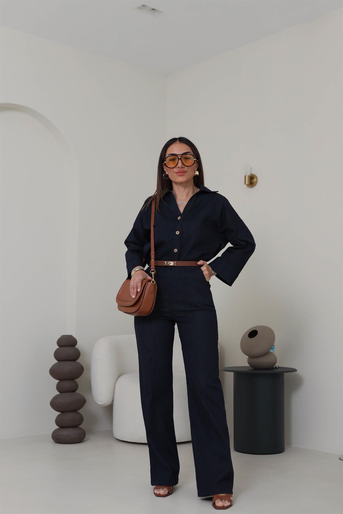 0352 Önü Çimalı Denim Rahat Takım LACİVERT