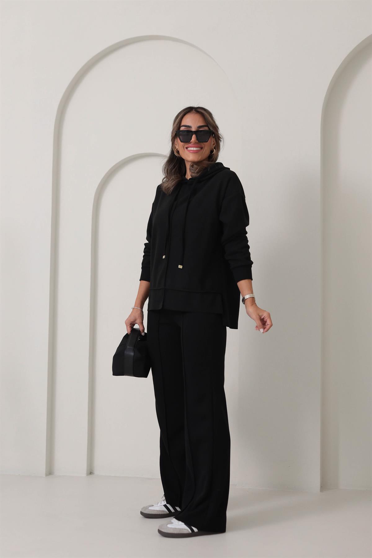 09T2 Ön Dikiş Detaylı Dokulu Rahat Takım SİYAH