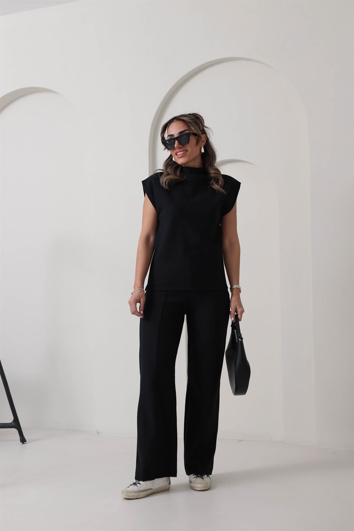 1819 Önü Çimalı Örme Kumaş Rahat Pantolon SİYAH