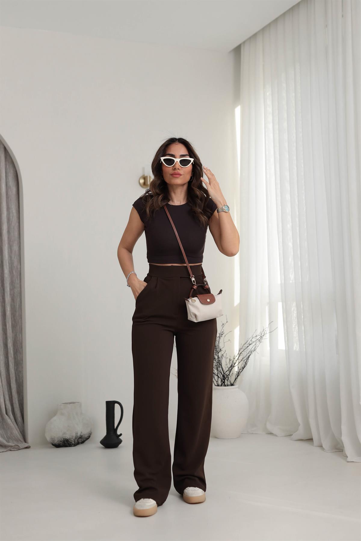 3826 Likralı Cırtlı Palazzo Pantolon KAHVE