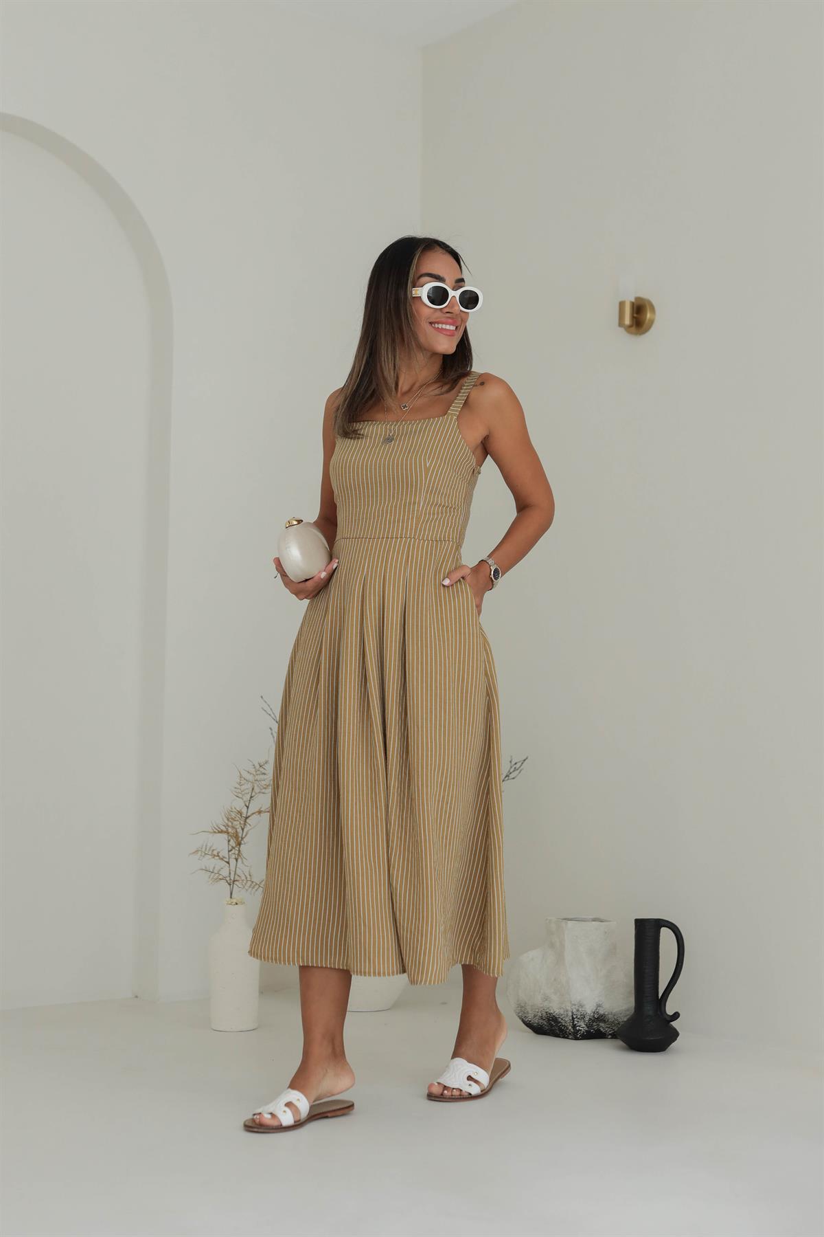 Kalın Askılı Çizgili Pamuklu Elbise