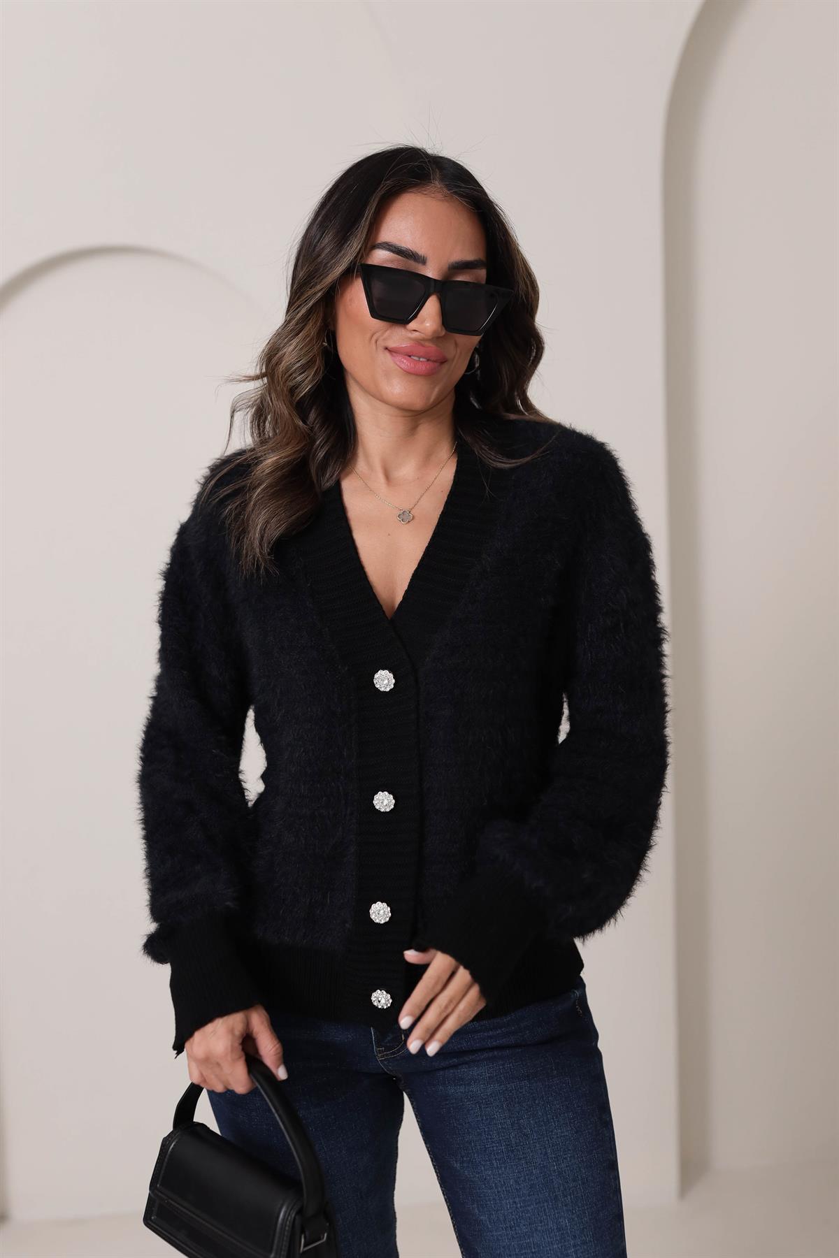 0036 Taşlı Düğmeli Sakallı Yumoş Hırka SİYAH